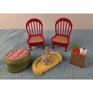 Fisher Price Loving Family Dollhouse Chairs, Ottoman & Accessories + Cat Figure